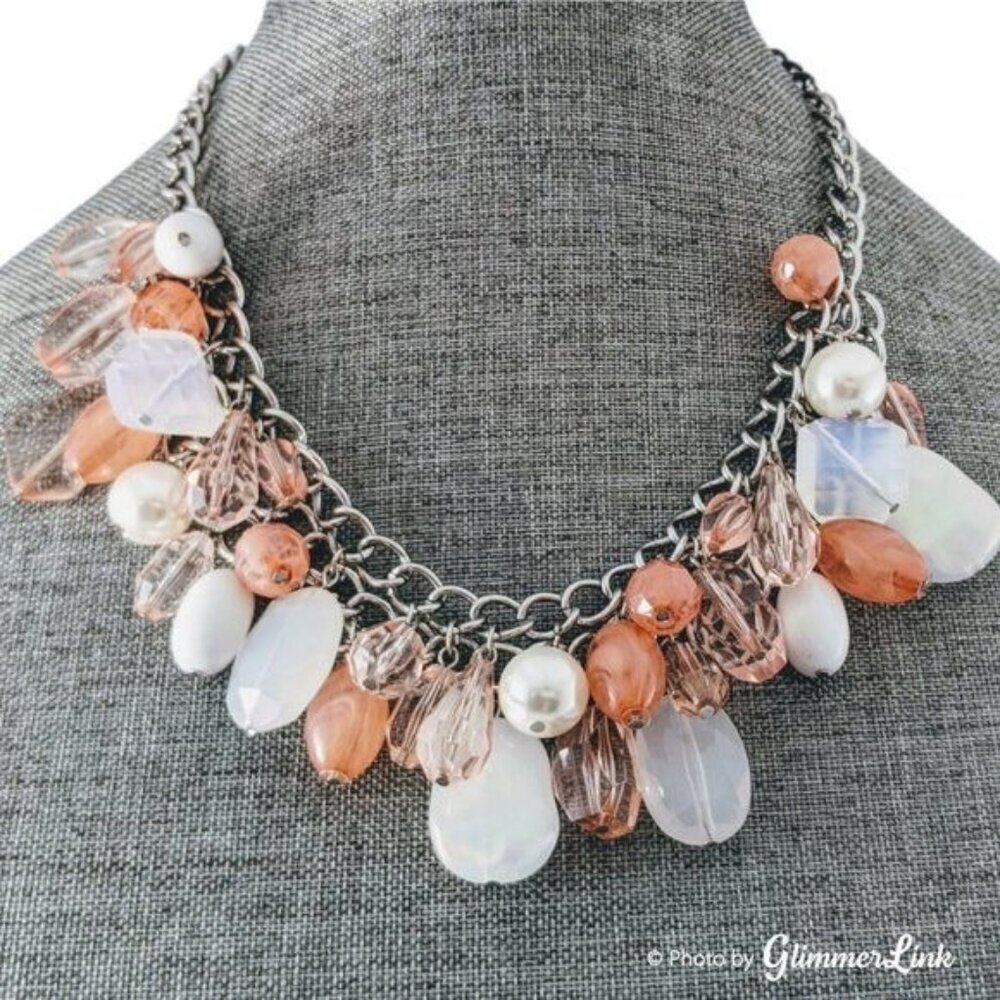 Peach & White Beaded Bib Mesh Silver Tone Statement Necklace